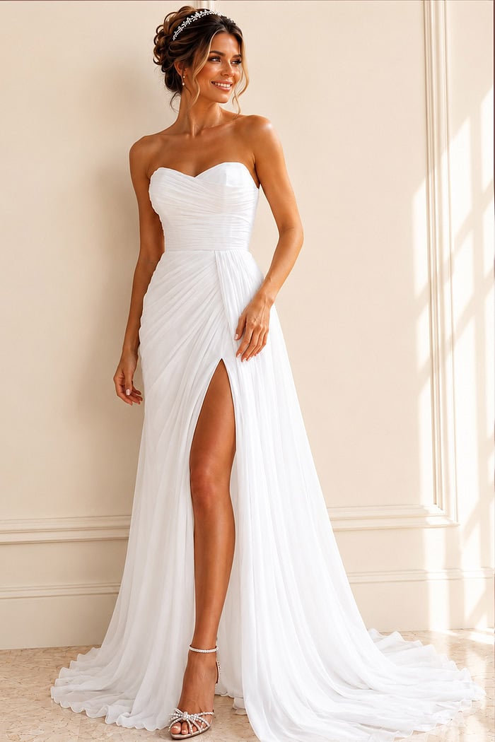white chiffon strapless A-line wedding dress with sweetheart ruched bodice and high slit draped skirt, front view, Jovani Bridal style JB43897