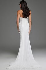 model wearing Jovani JB43897 ivory gown showcasing back design with seamless ruching