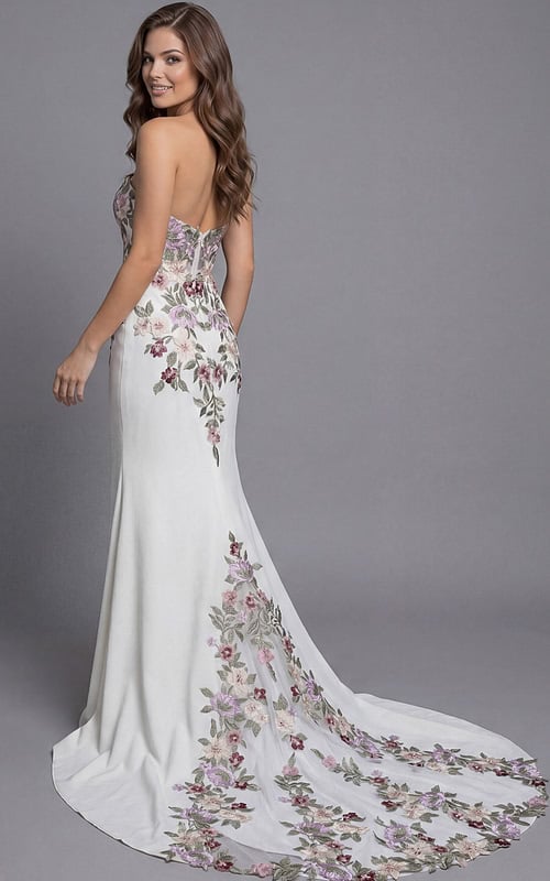 Strapless sweetheart gown with delicate floral embroidery and elegant train