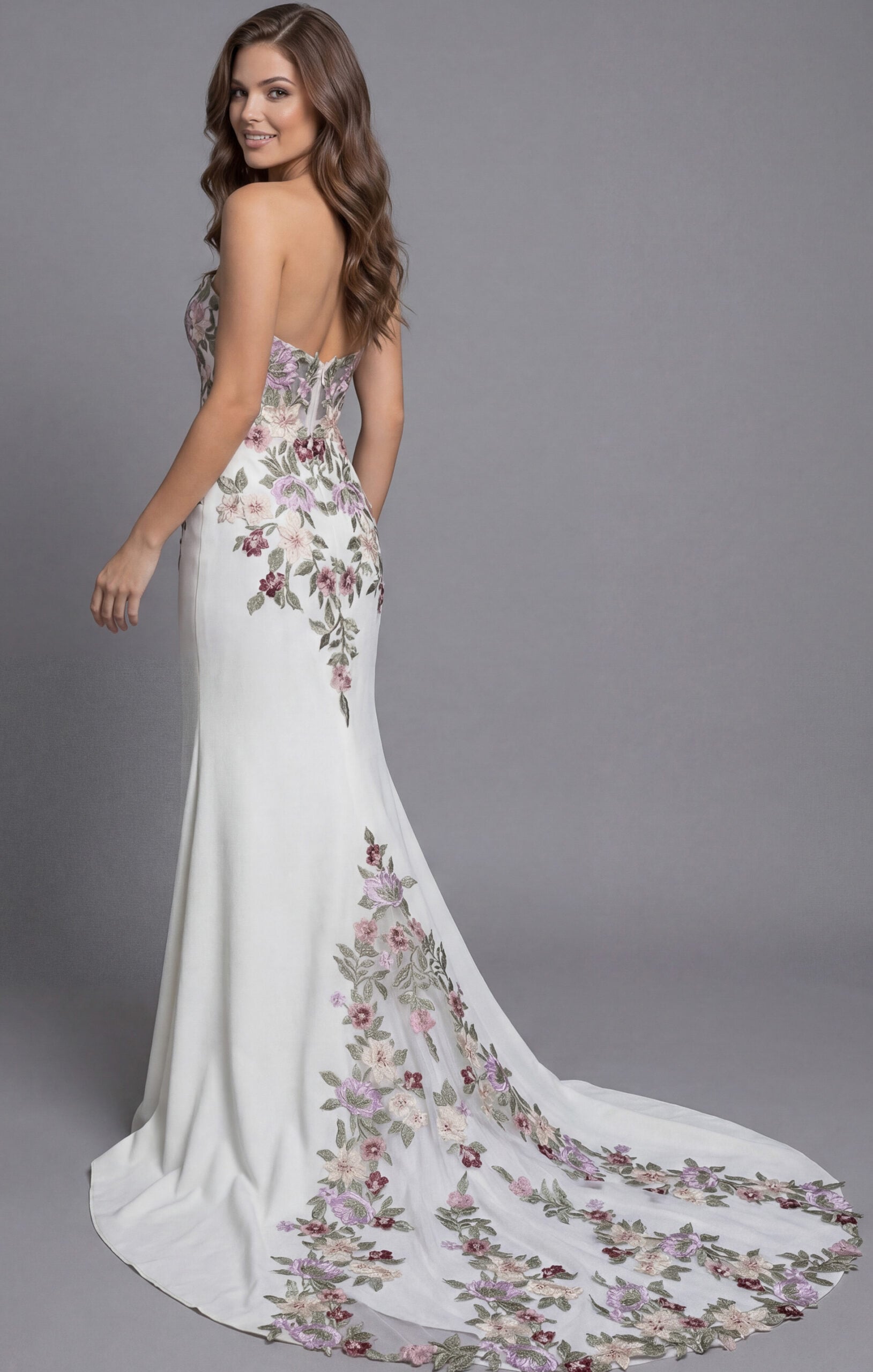 Strapless sweetheart gown with delicate floral embroidery and elegant train