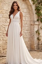 Bride wearing deep V neck lace A line wedding gown front vi