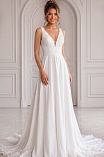 ivory floral lace V neck A-line wedding dress with wide straps and chiffon skirt, front view, Jovani Bridal style JB43905