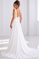 ivory floral lace V neck A-line wedding dress with wide straps and chiffon skirt, front view, Jovani Bridal style JB43905