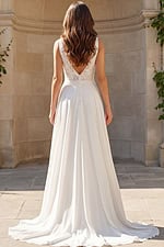 Back view of A line bridal gown with V back and button detail