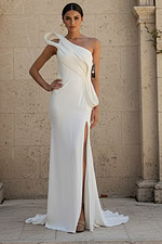 fitted modern wedding dress with high slit back view