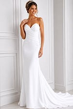 white satin strapless fitted mermaid wedding dress with sweetheart neckline and ruched crossover bodice, front view, Jovani Bridal style JB45112