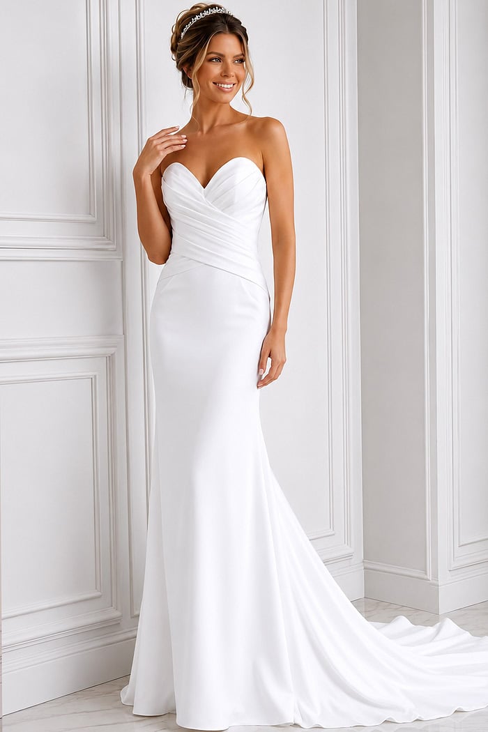 white satin strapless fitted mermaid wedding dress with sweetheart neckline and ruched crossover bodice, front view, Jovani Bridal style JB45112