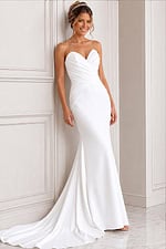 white satin strapless fitted mermaid wedding dress with sweetheart neckline and ruched crossover bodice, front view, Jovani Bridal style JB45112