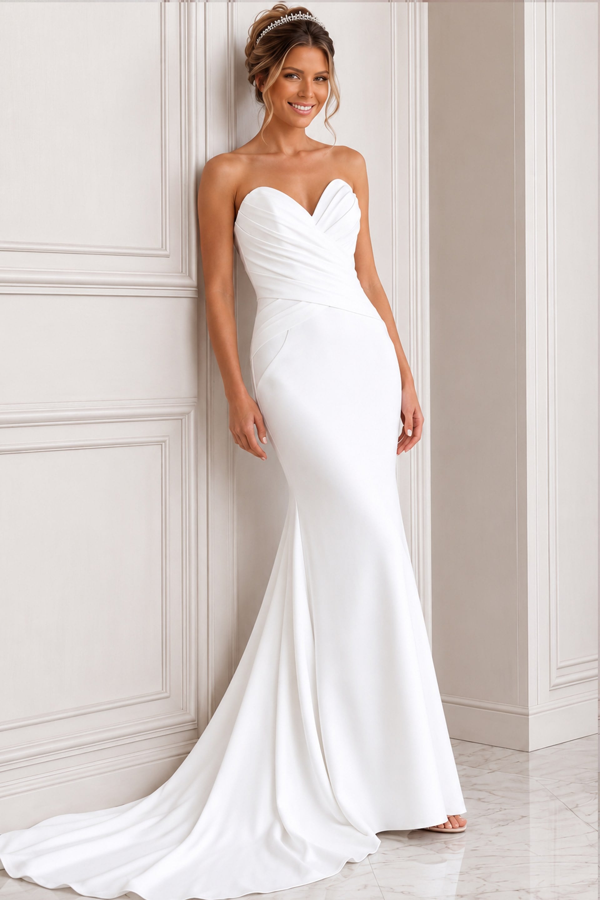 JB45112-14 white satin strapless fitted mermaid wedding dress with sweetheart neckline and ruched crossover bodice, front view, Jovani Bridal style JB45112
