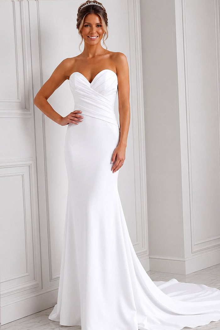 white satin strapless fitted mermaid wedding dress with sweetheart neckline and ruched crossover bodice, front view, Jovani Bridal style JB45112
