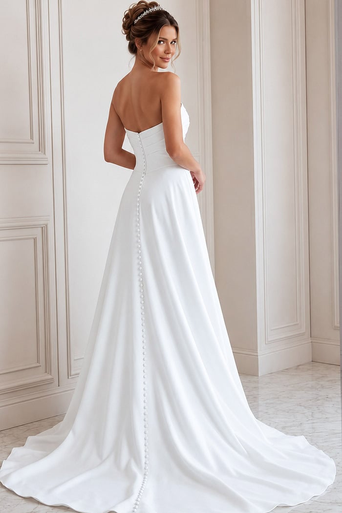 white satin strapless fitted mermaid wedding dress with sweetheart neckline and ruched crossover bodice, front view, Jovani Bridal style JB45112
