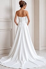 white satin strapless fitted mermaid wedding dress with sweetheart neckline and ruched crossover bodice, front view, Jovani Bridal style JB45112