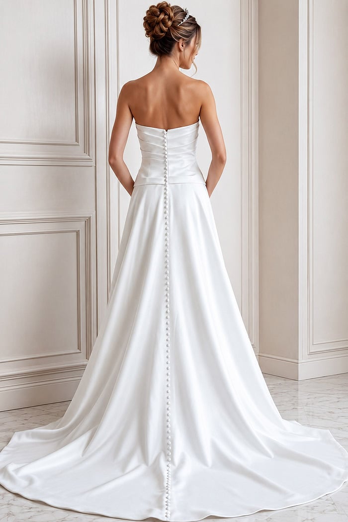 white satin strapless fitted mermaid wedding dress with sweetheart neckline and ruched crossover bodice, front view, Jovani Bridal style JB45112