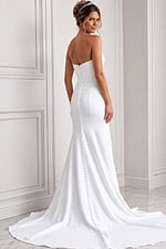 white satin strapless fitted mermaid wedding dress with sweetheart neckline and ruched crossover bodice, front view, Jovani Bridal style JB45112