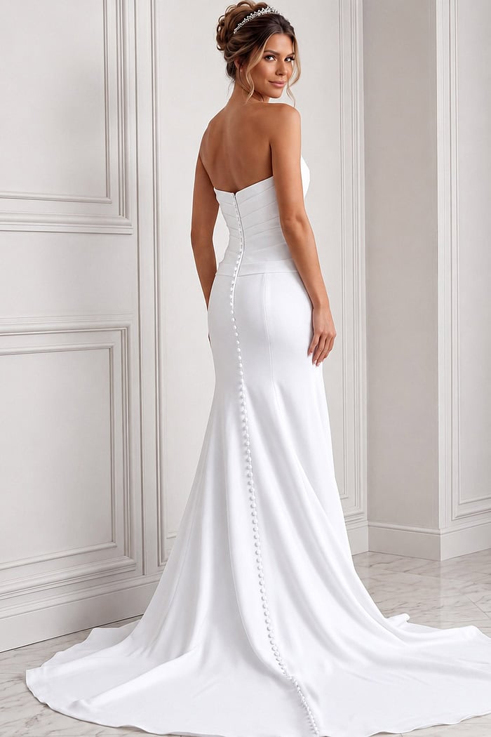 white satin strapless fitted mermaid wedding dress with sweetheart neckline and ruched crossover bodice, front view, Jovani Bridal style JB45112
