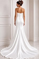white satin strapless fitted mermaid wedding dress with sweetheart neckline and ruched crossover bodice, front view, Jovani Bridal style JB45112