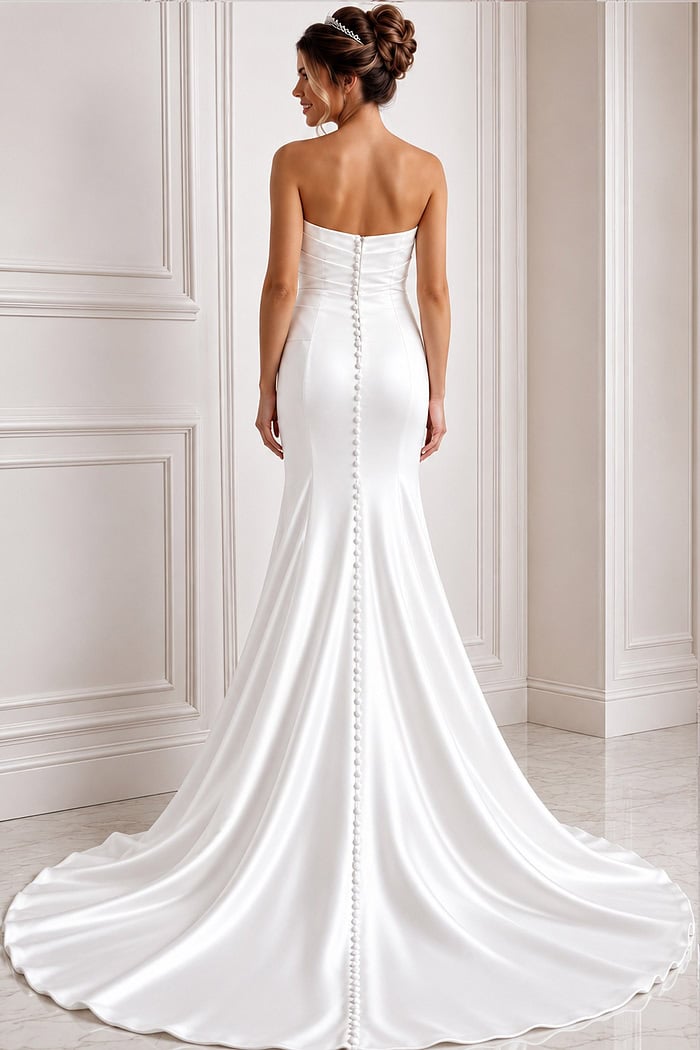 white satin strapless fitted mermaid wedding dress with sweetheart neckline and ruched crossover bodice, front view, Jovani Bridal style JB45112