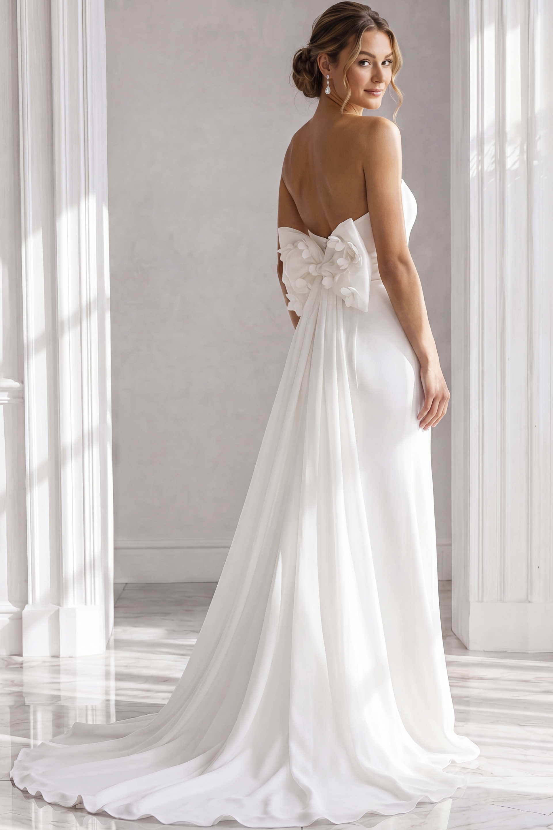backless bow wedding dress Tulle And Satin Bow Back Wedding Dresses With Sleeves