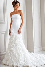 white satin strapless fitted mermaid wedding dress with straight neckline and 3D rosette skirt, front view, Jovani Bridal style JB45120