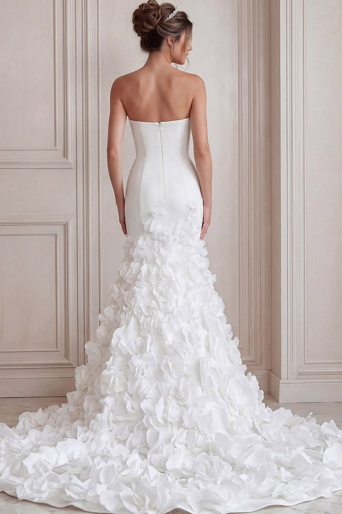 white satin strapless fitted mermaid wedding dress with straight neckline and 3D rosette skirt, front view, Jovani Bridal style JB45120