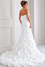 white satin strapless fitted mermaid wedding dress with straight neckline and 3D rosette skirt, front view, Jovani Bridal style JB45120
