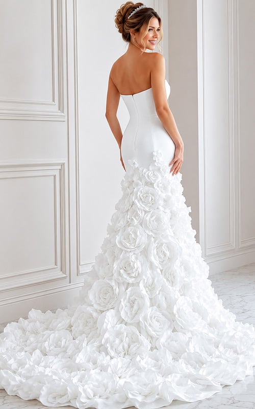 white satin strapless fitted mermaid wedding dress with straight neckline and 3D rosette skirt, front view, Jovani Bridal style JB45120