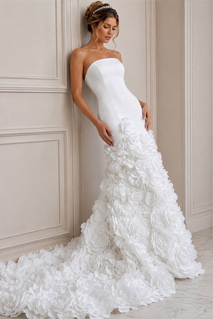 white satin strapless fitted mermaid wedding dress with straight neckline and 3D rosette skirt, front view, Jovani Bridal style JB45120
