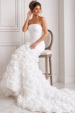 white satin strapless fitted mermaid wedding dress with straight neckline and 3D rosette skirt, front view, Jovani Bridal style JB45120