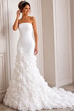 white satin strapless fitted mermaid wedding dress with straight neckline and 3D rosette skirt, front view, Jovani Bridal style JB45120