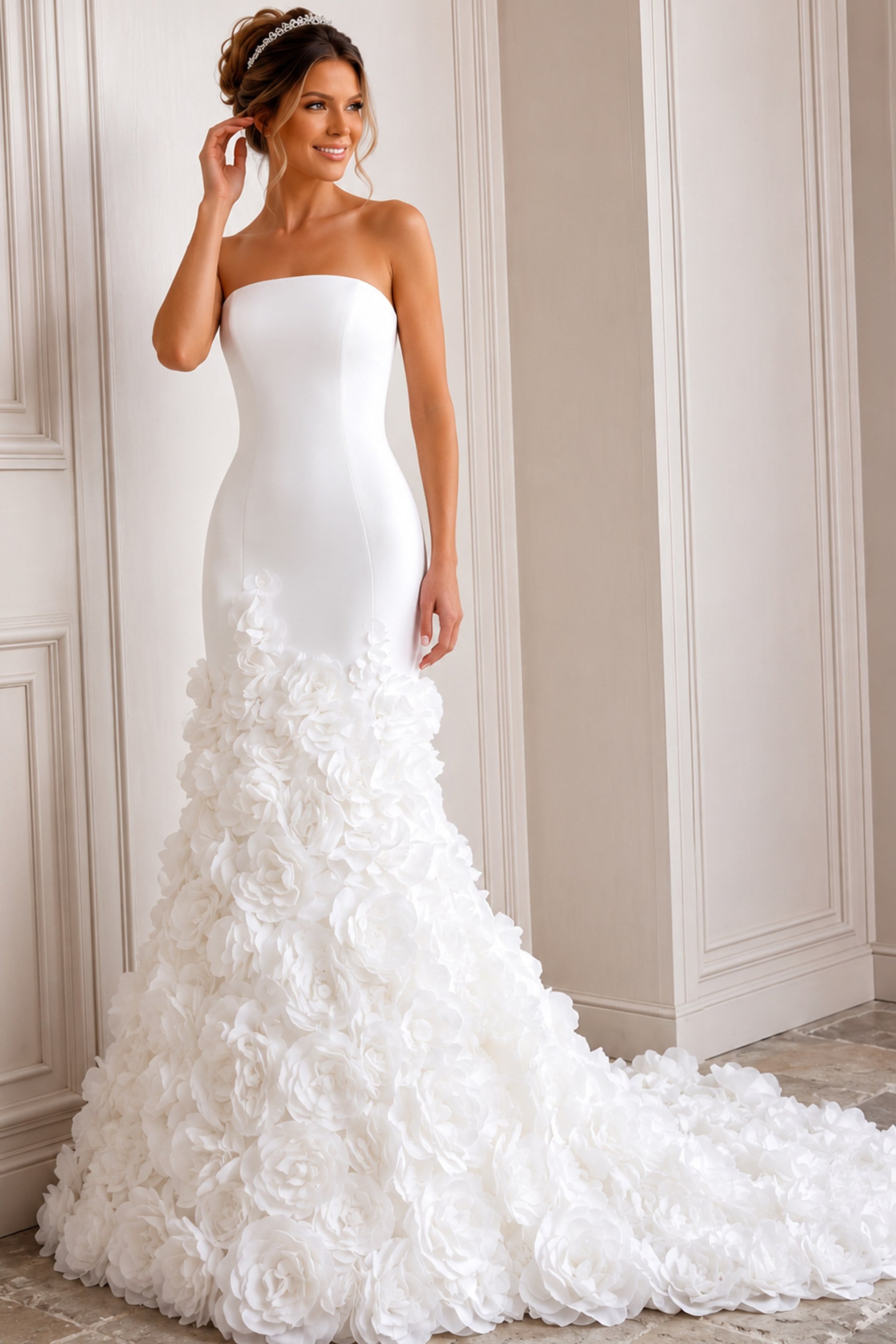 JB45120-28 white satin strapless fitted mermaid wedding dress with straight neckline and 3D rosette skirt, front view, Jovani Bridal style JB45120