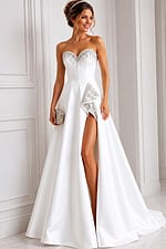 white satin strapless A-line wedding dress with beaded sweetheart neckline, peplum and high slit, front view, Jovani Bridal style JB45132