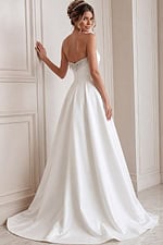 white satin strapless A-line wedding dress with beaded sweetheart neckline, peplum and high slit, front view, Jovani Bridal style JB45132