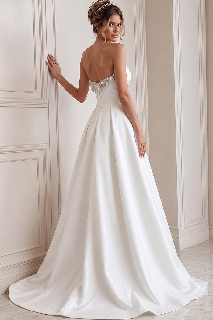 white satin strapless A-line wedding dress with beaded sweetheart neckline, peplum and high slit, front view, Jovani Bridal style JB45132