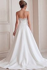 white satin strapless A-line wedding dress with beaded sweetheart neckline, peplum and high slit, front view, Jovani Bridal style JB45132