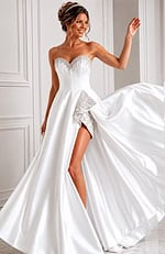white satin strapless A-line wedding dress with beaded sweetheart neckline, peplum and high slit, front view, Jovani Bridal style JB45132