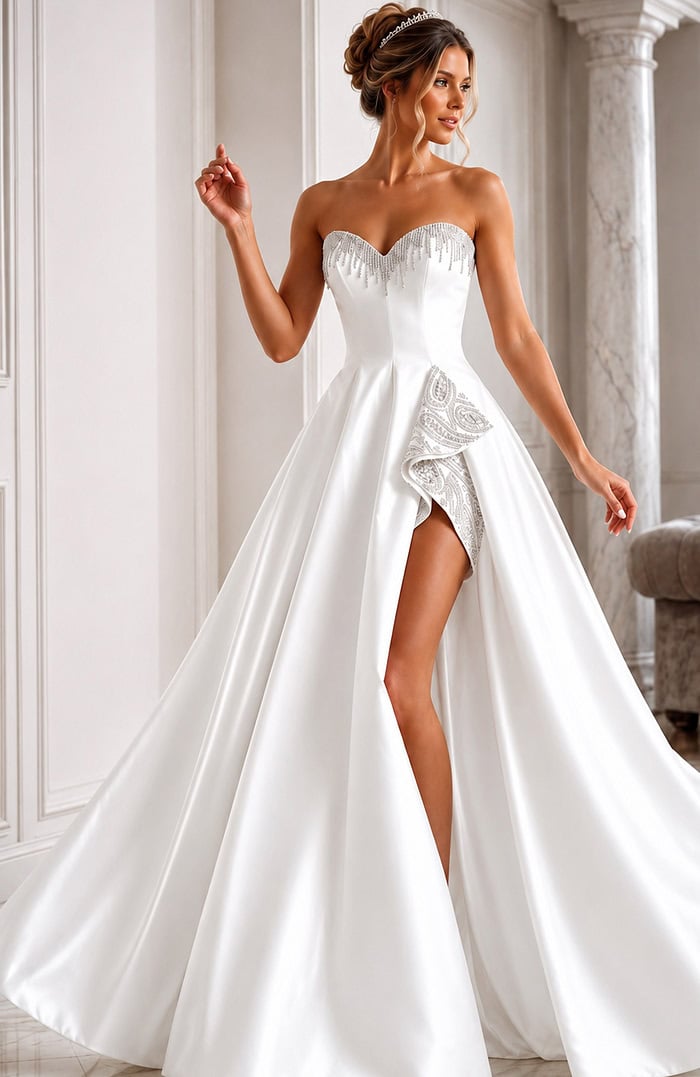 white satin strapless A-line wedding dress with beaded sweetheart neckline, peplum and high slit, front view, Jovani Bridal style JB45132