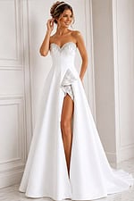 white satin strapless A-line wedding dress with beaded sweetheart neckline, peplum and high slit, front view, Jovani Bridal style JB45132