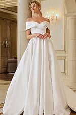 off the shoulder long pleated skirt wedding dress JB45169
