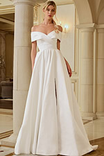 v neckline off the shoulder pleated skirt wedding dress JB45169