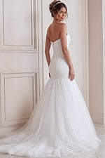 ivory satin strapless fit and flare wedding dress with sweetheart neckline and tulle drop skirt, front view, Jovani Bridal style JB45361