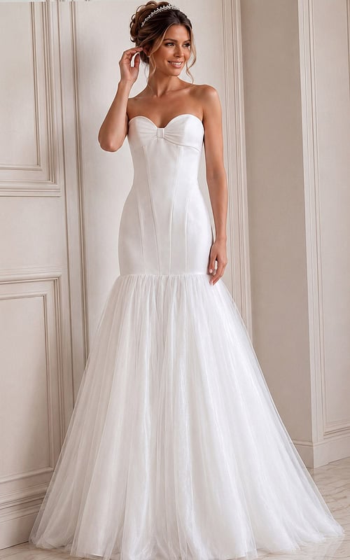ivory satin strapless fit and flare wedding dress with sweetheart neckline and tulle drop skirt, front view, Jovani Bridal style JB45361