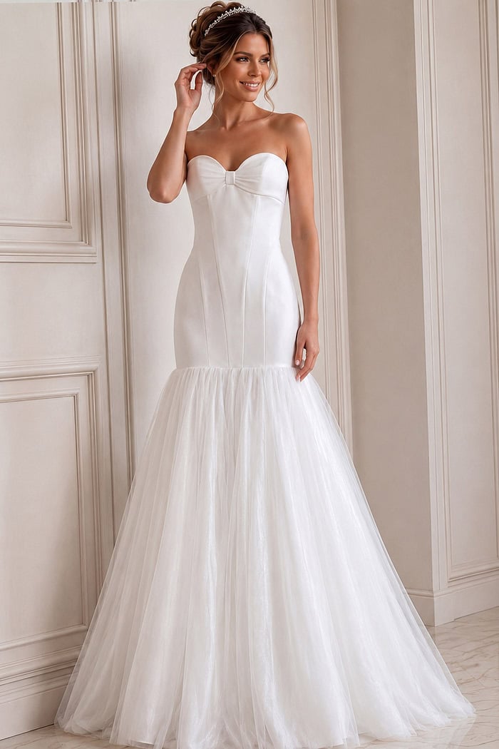 ivory satin strapless fit and flare wedding dress with sweetheart neckline and tulle drop skirt, front view, Jovani Bridal style JB45361