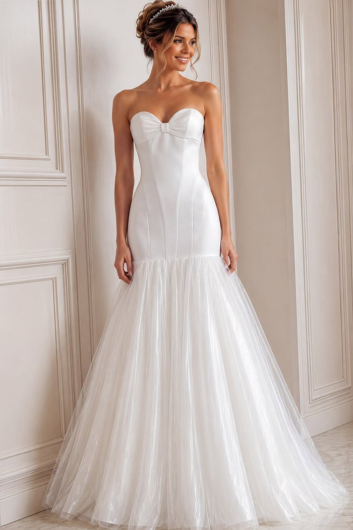 ivory satin strapless fit and flare wedding dress with sweetheart neckline and tulle drop skirt, front view, Jovani Bridal style JB45361