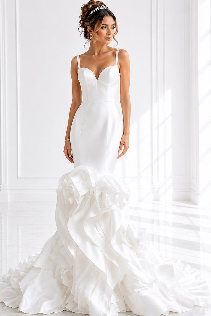 ivory satin sleeveless fit and flare wedding dress with sweetheart neckline, thin straps and ruffled organza skirt, front view, Jovani Bridal style JB45569