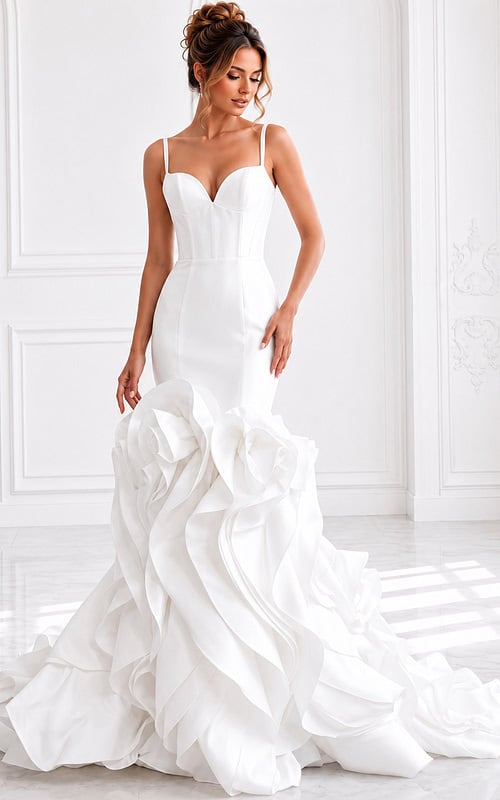 ivory satin sleeveless fit and flare wedding dress with sweetheart neckline, thin straps and ruffled organza skirt, front view, Jovani Bridal style JB45569