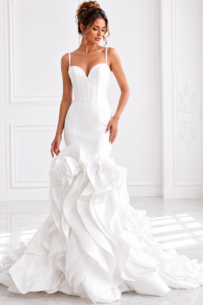 ivory satin ruffle strapless dress Clementine High Low Maxi  juxrui 57 Bust Shimmer Petal Ruffle Strapless Dress