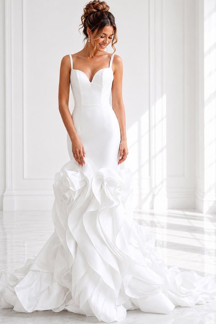ivory satin sleeveless fit and flare wedding dress with sweetheart neckline, thin straps and ruffled organza skirt, front view, Jovani Bridal style JB45569