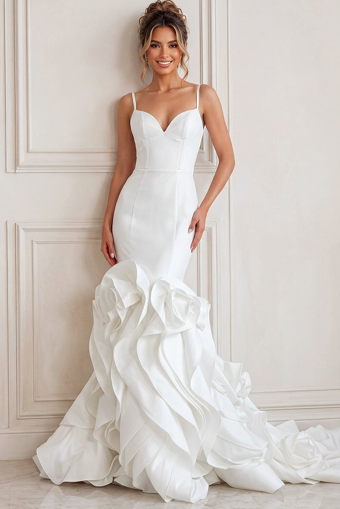 ivory satin sleeveless fit and flare wedding dress with sweetheart neckline, thin straps and ruffled organza skirt, front view, Jovani Bridal style JB45569