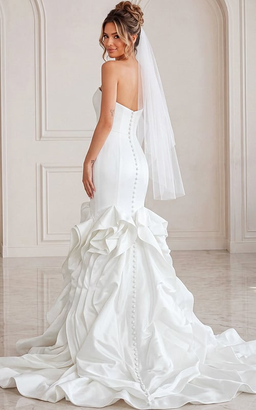 ivory satin sleeveless fit and flare wedding dress with sweetheart neckline, thin straps and ruffled organza skirt, front view, Jovani Bridal style JB45569