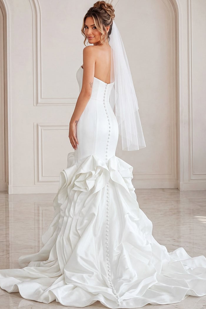 ivory satin sleeveless fit and flare wedding dress with sweetheart neckline, thin straps and ruffled organza skirt, front view, Jovani Bridal style JB45569